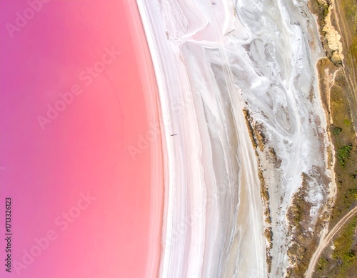 Aerial view of a vibrant pink lake