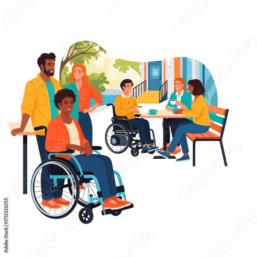Diverse group with disabilities socializing at cafe