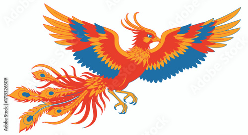 Vibrant Phoenix Illustration with Fiery Plumage and Majestic Wings Spread, Suitable for Mythological Art, Fantasy Graphics, and Symbolism Projects.