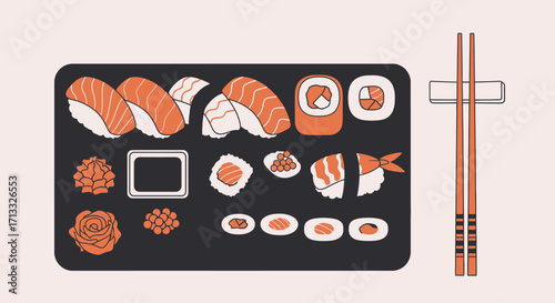 Artistic Sushi Arrangement on Black Tray with Chopsticks, Perfect for Japanese Cuisine Illustration, Restaurant Menus, or Food Blog Design Projects.