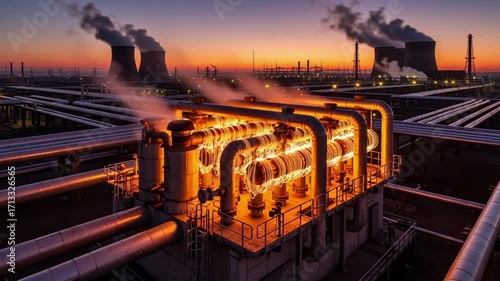 Exploring Industrial Complex and Pipes at Dusk, Smoke Rising
