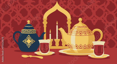 Elegant Tea Ceremony Illustration with Teapots, Candles, and Intricate Patterns for Cultural Events and Ramadan Celebrations