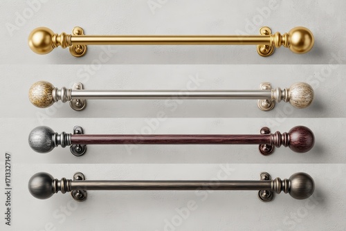 Various Curtain Rod Styles in Brass, Satin Silver, Wood, and Antique Bronze with Ball-Shaped Decorative Rings