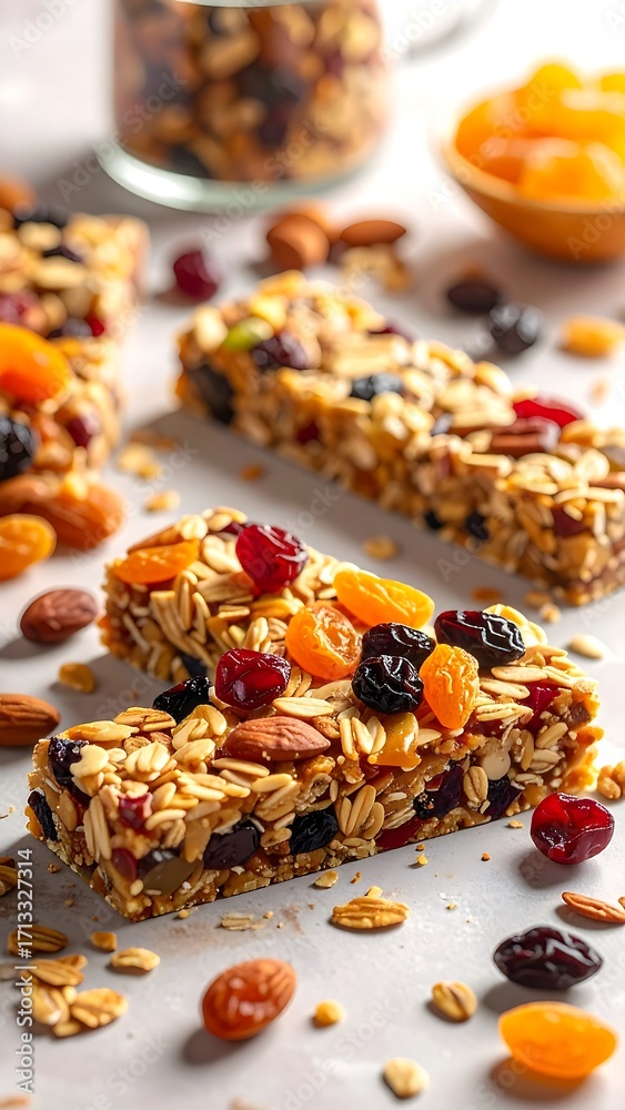 Fototapeta premium Several granola bars, bursting with dried fruit and nuts, are arranged on a light-colored surface.