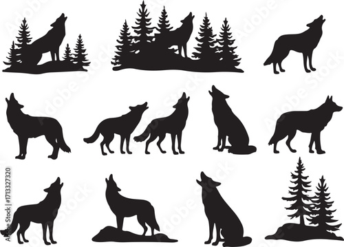 Echoes of the Wild: A collection of stylized silhouettes, depicting the primal beauty of the wolf in various poses against the backdrop of a forest.