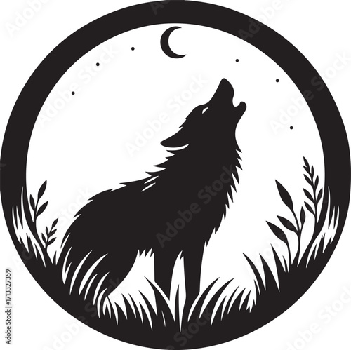 Silhouette of the Howling Wolf: A captivating silhouette of a wolf, depicted howling under the crescent moon in a dark forest. The image embodies mystery and untamed wilderness.