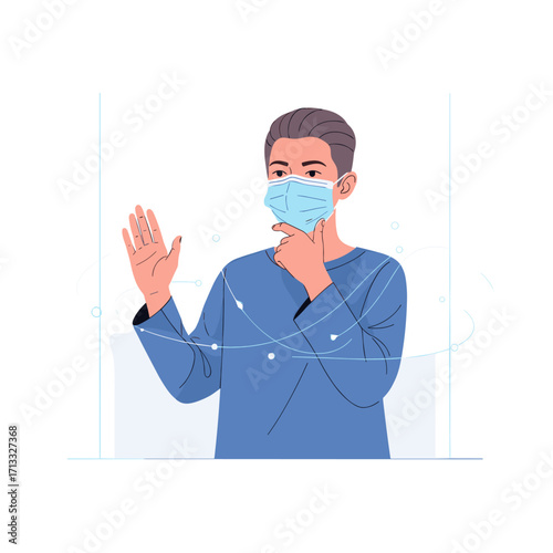 Person in medical mask with hand raised