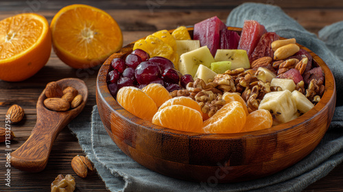 Colorful bowl filled with fresh fruit, nuts, and juicy oranges, offering healthy and delicious snack option.