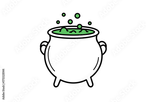 A white cauldron with green bubbling liquid and air bubbles