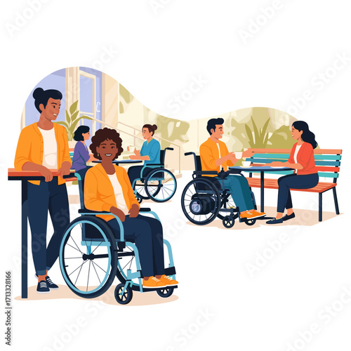 Diverse people with disabilities at a cafe
