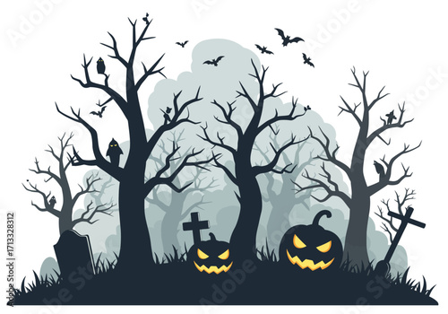 Spooky Halloween scene with silhouetted trees pumpkins and bats