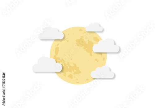 Yellow moon with white clouds on a white background