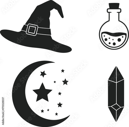 Enchanting Halloween designs with witch hat, potion, moon and crystal for spooky celebrations