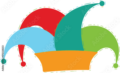 Whimsical jester hat with vibrant colors and playful stitched edges, perfect for celebrations