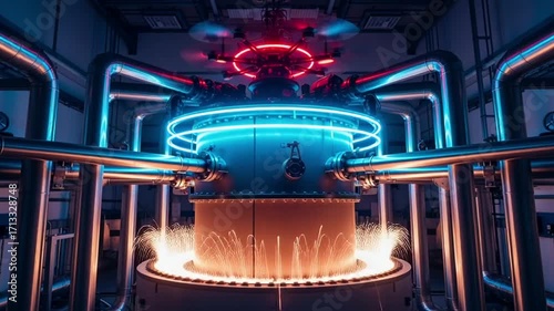 Operating Large Industrial Machine With Neon Lighting and Pipes