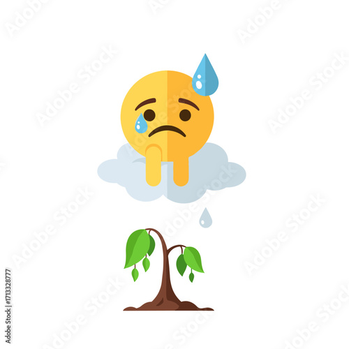 Sad emoji crying on cloud for dying plant