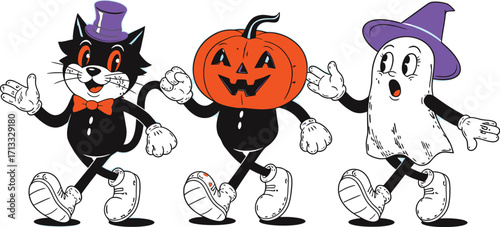 Spooky retro cartoon cat, pumpkin, and ghost characters dancing happily on a pastel background