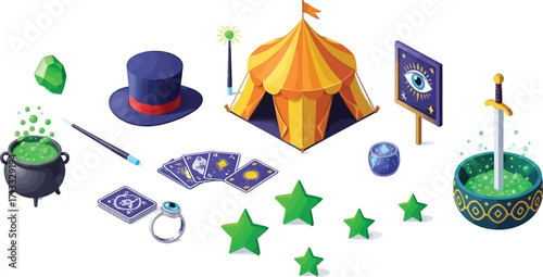 Enchanting magical circus elements create a whimsical scene with potions, cards, and stars