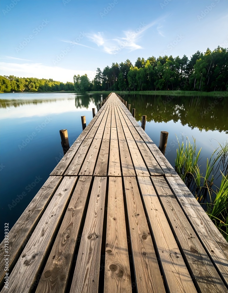 Fototapeta premium Wooden pier extending across a serene lake, towards a forested shore, under a clear sky