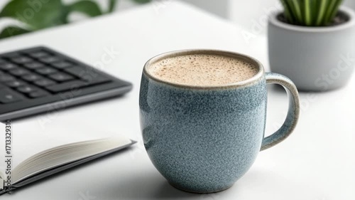 Light gray mug of coffee on a white table with a calculator and open book