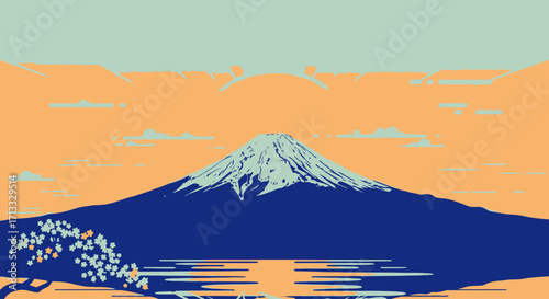 Serene Mountaintop Japanese Landscape Vector Illustration for Travel Posters and Cultural Art Prints in Minimalist Style
