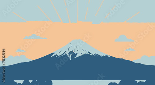 Serene Mount Fuji Landscape Illustration with Retro Color Palette, Ideal for Travel Posters, Destination Guides, and Japanese Culture Promotion