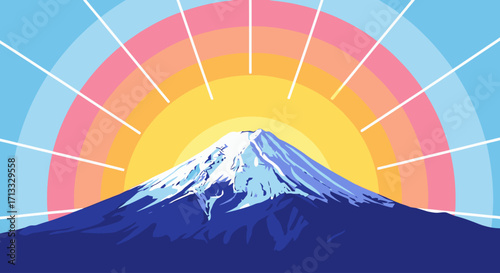 Serene Mount Fuji Illustration with Pastel Rainbow, White Rays, and Blue Sky Background for Scenic Travel, Tourism, and Culture Projects