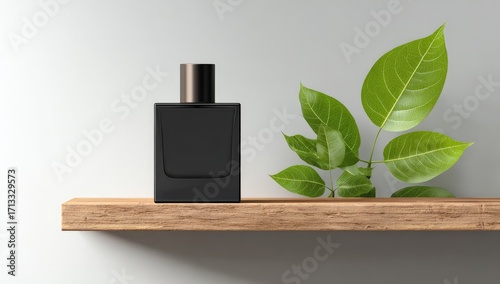 A dark glass perfume bottle with a metallic cap sits on a light wood shelf beside vibrant green leaves against a minimalist white wall
