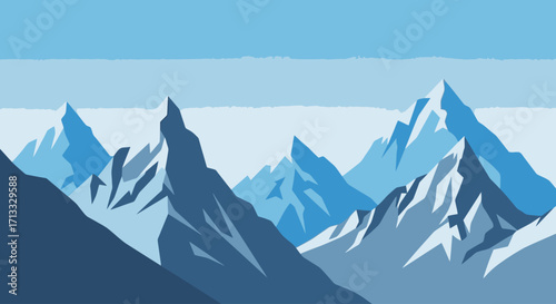 Vector Illustration of a Serene Mountain Range with Snow-Capped Peaks Under a Bright Sky, Suitable for Travel, Adventure, or Nature-Themed Designs