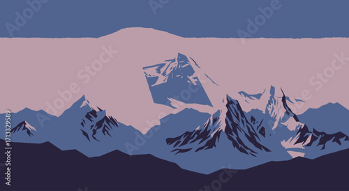 Minimalist Mountain Landscape Illustration with Snow-Capped Peaks and Pastel Sky, Suitable for Website Headers, Backgrounds, and Nature-Themed Design Projects.