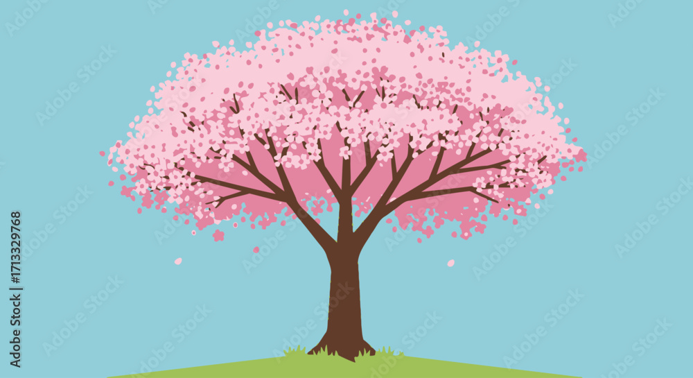 Obraz premium Serene Cherry Blossom Tree Illustration Against a Soft Blue Sky, Ideal for Springtime Designs and Nature-Themed Projects, Promoting Tranquility and Beauty