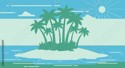 Serene Tropical Island Landscape Featuring Palm Trees, Turquoise Sea, and Sunny Sky. Ideal for travel agency promotion, vacation packages, or tropical getaway advertisements.