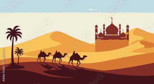 Serene Desert Caravan Illustration Featuring Camels, Dunes, and a Majestic Mosque, Ideal for Cultural, Travel and Islamic themed projects.