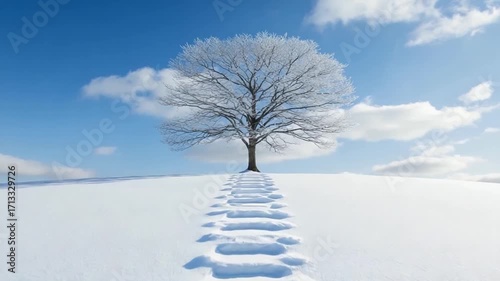 Snowy landscape with a lone tree and tracks in the snow