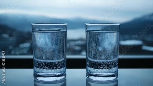 Two glasses of sparkling water against a blurred backdrop of a mountain scene