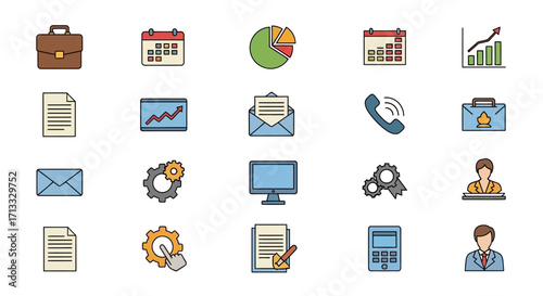 Professional business icons showcasing planning, communication, and growth for modern enterprise success