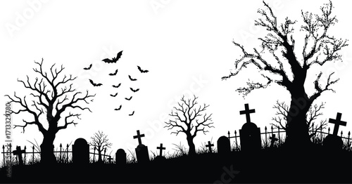 Spooky Halloween graveyard scene with silhouetted bare trees, tombstones, and flying bats against a stark white background.