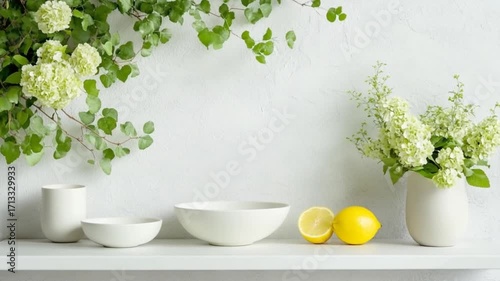 White shelf with greenery, flowers, bowls, and lemons