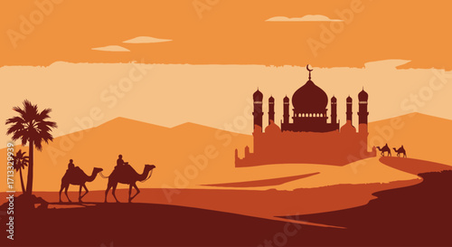 Arabian Desert Landscape with Caravan and Mosque Silhouette for Cultural Heritage and Travel Promotion in Middle Eastern Regions