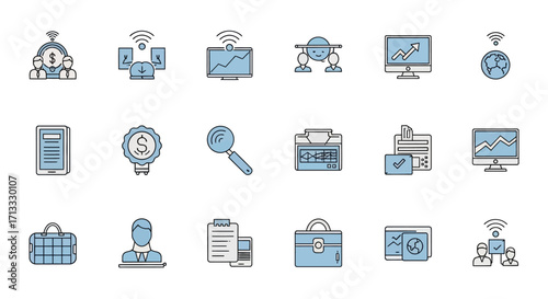 Modern business icons set representing finance, data, teamwork, and global connectivity for professional use