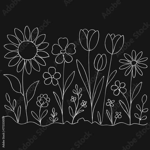 White line art illustration of different flowers including tulip, daisy, and sunflower growing in a garden on black background
