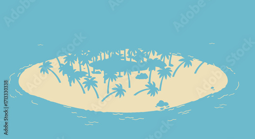 Serene Tropical Island Illustration with Palm Trees and Sandy Beach, Ideal for Vacation Planning, Travel Guides, or Children's Book Illustrations.