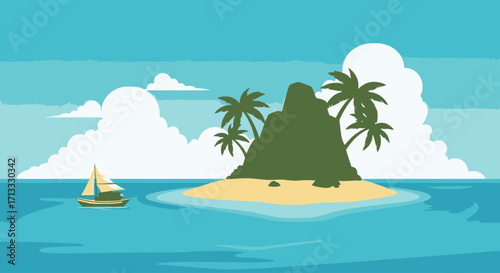 Serene Tropical Island Illustration with Sailboat, Palm Trees, and Azure Sea, Perfect for Vacation, Adventure, and Relaxation-Themed Projects.