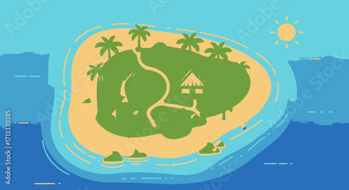 Isolated Tropical Island Illustration with Lush Greenery, Sandy Beach, and Clear Blue Water. Suitable for travel, vacation, and environmental conservation projects