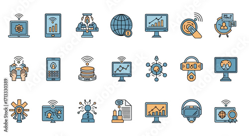 Modern digital icons for business analytics, technology, and data insights collection.