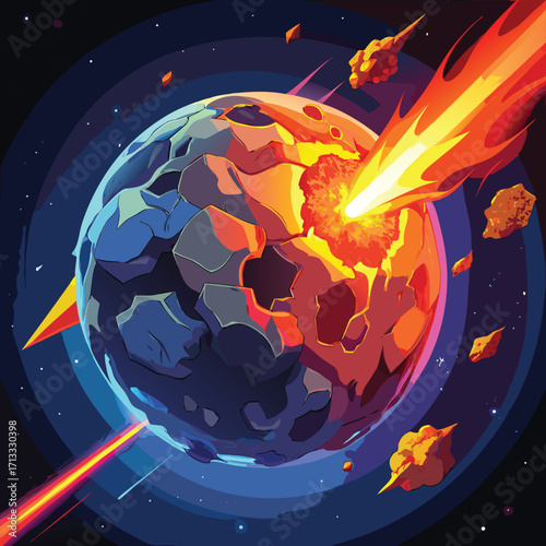 Planetary collision with fiery impact and energy beams
