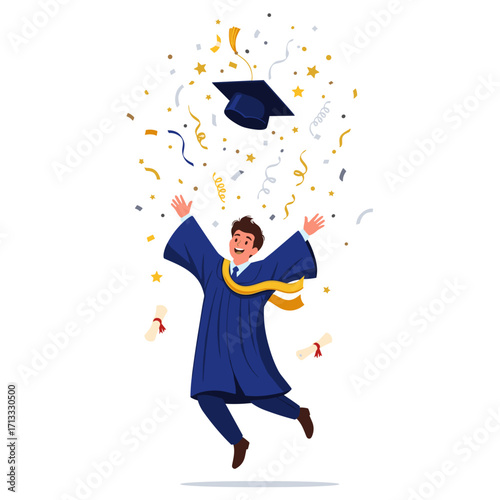 Happy graduate celebrating with confetti and diplomas