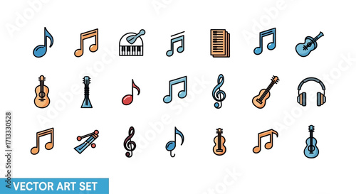 Vibrant icons representing musical notes guitars headphones and piano keys for creative projects