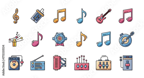Vibrant collection of musical notes, instruments, and audio equipment icons for creative projects