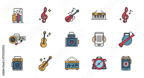 Vibrant music icons celebrating audio creation, instruments, and digital sound experiences